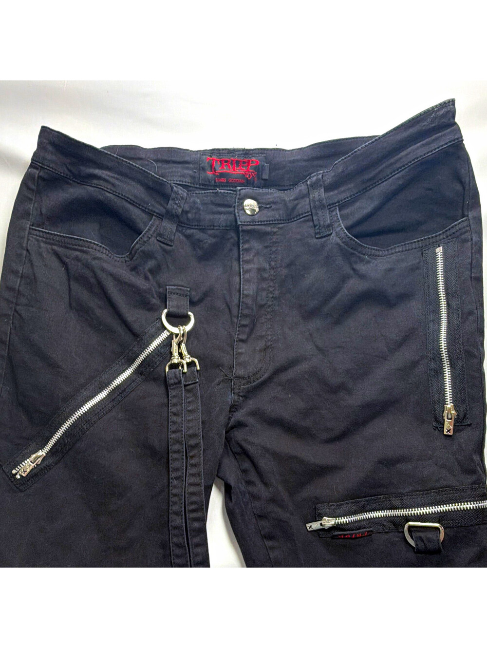 TRIPP NYC men’s Black Gothic Punk Cargo Pants Straight Leg Zipper Strap